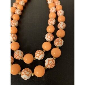 Vintage Double Strand Floral Beaded Necklace Orange White Beach Festival Retro